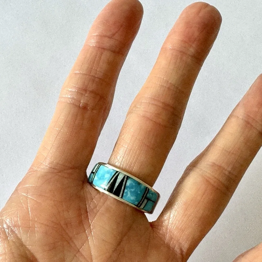 Mens Navajo Wedding Band Sz 10.5 Turquoise Opal Inlay 9mm‎ Ring Unsigned Tolino